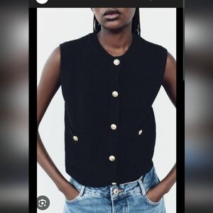 Zara Black Sleeveless Sweater with Gold Buttons